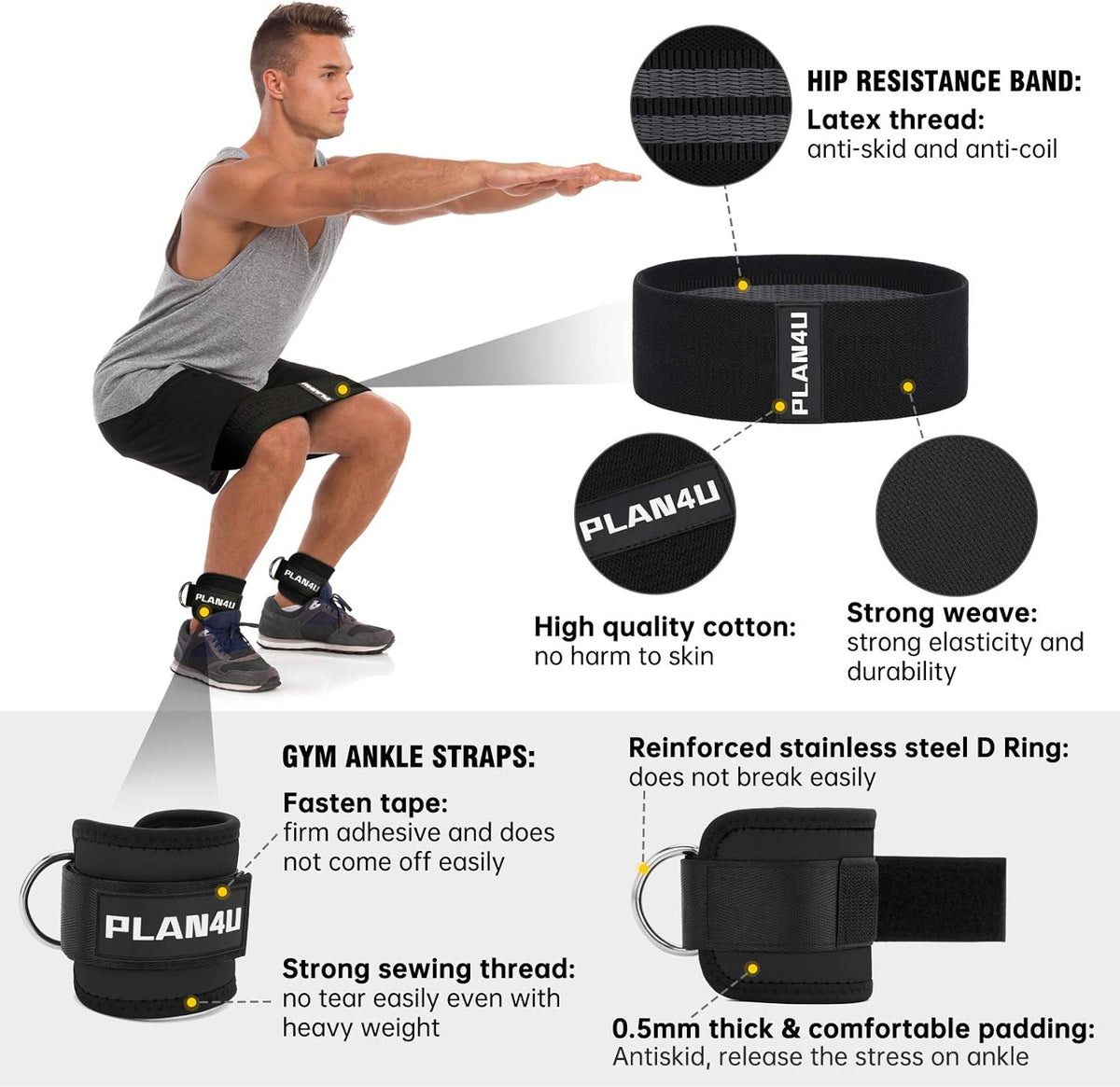 Plan4U Barbell Pad Set - Upgraded Foam Cushion for Squats & Hip Thrusts | Anti-Slip Support for Standard & Olympic Bars
