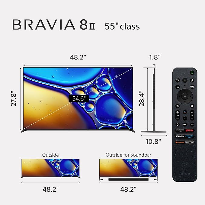 Sony 55 Inch BRAVIA 8 II QD OLED 4K HDR Smart Google TV (K-55XR80M2) | Sony’s brightest OLED with max color, XR Processor with AI Technology, Ultra Slim Design, 4K movie credits included