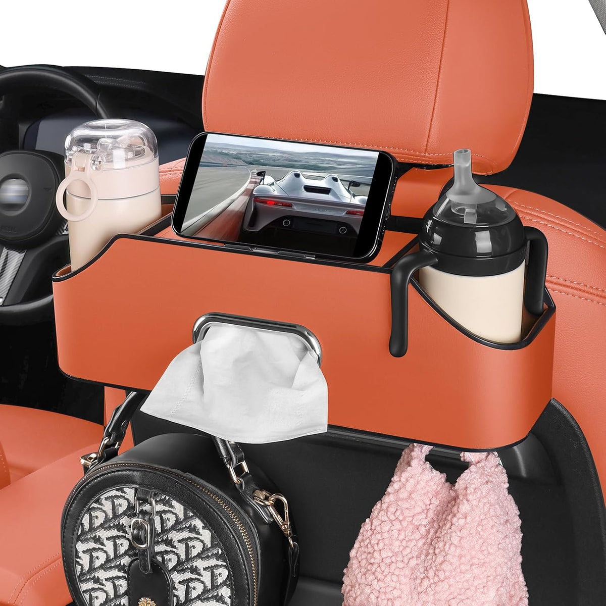 Car Seat Back Cup Holder, 4-in-1 Multifunctional Backseat Organizer with Tissue Box Storage & Hooks (Orange)