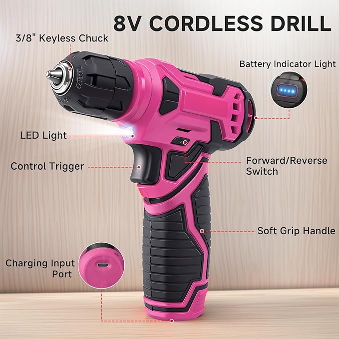 Drill Set for Women, 132 Piece Home Tool Set with 8V Cordless Drill, Tool Kit for Women & Men, Perfect for Homeowner, Diyer, Handyman