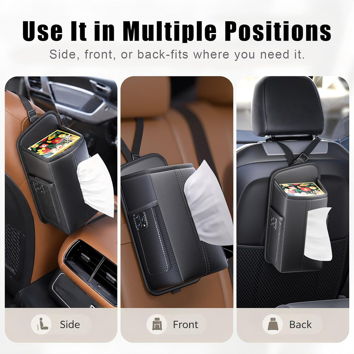 Car Tissue Holder, Waterproof PU Leather Tissue Box Cover with Mesh Pockets, Rectangular Napkin Holder Hanging Car Storage Organizer for Vehicle Front Seat, Fit for SUV Truck Van