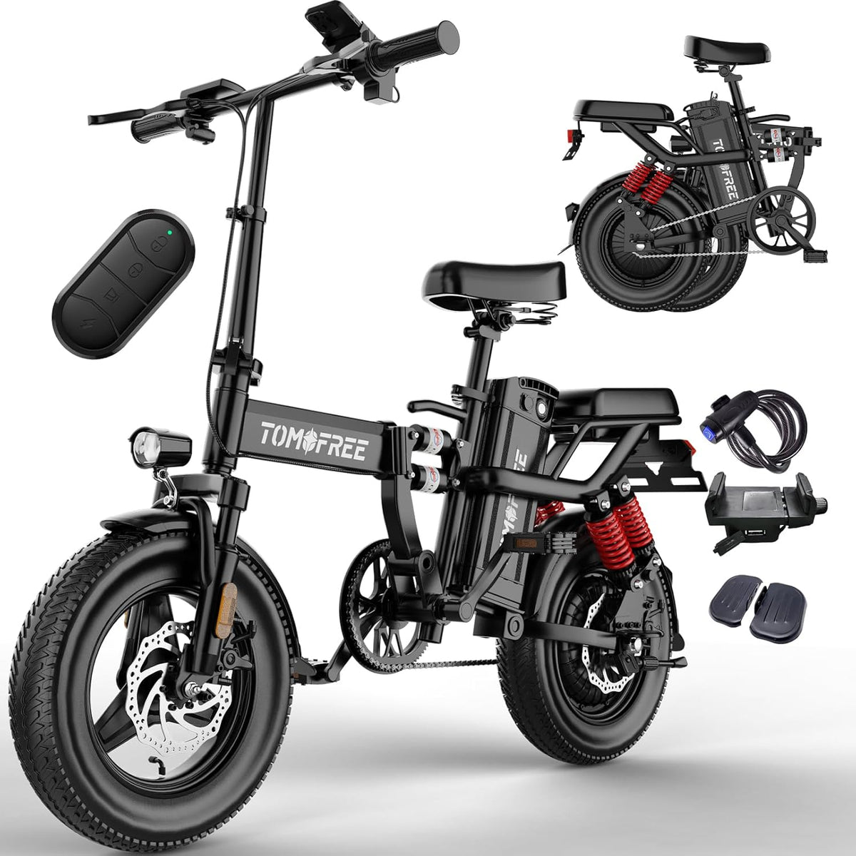 Tomofree Folding Electric Bike - 750W Peak Power, 20-24MPH, 48V 20AH Battery, 14" Fat Tires | 35-75 Miles Range