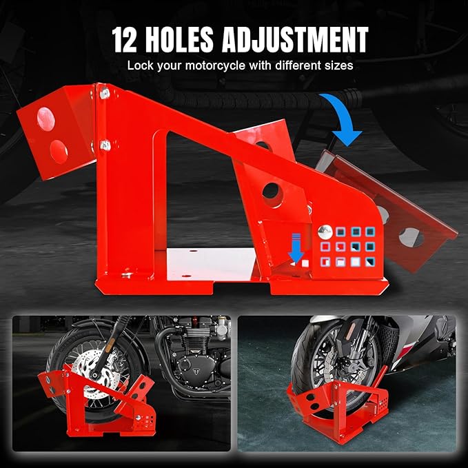 Jack Boss Motorcycle Wheel Chock, Motorcycle Stand Up to 1800 Lbs, Wide Range Less Than 6 Inch, 12 Holes Support Adjustable Front Tire Stand Chocks for Most Motorcycle