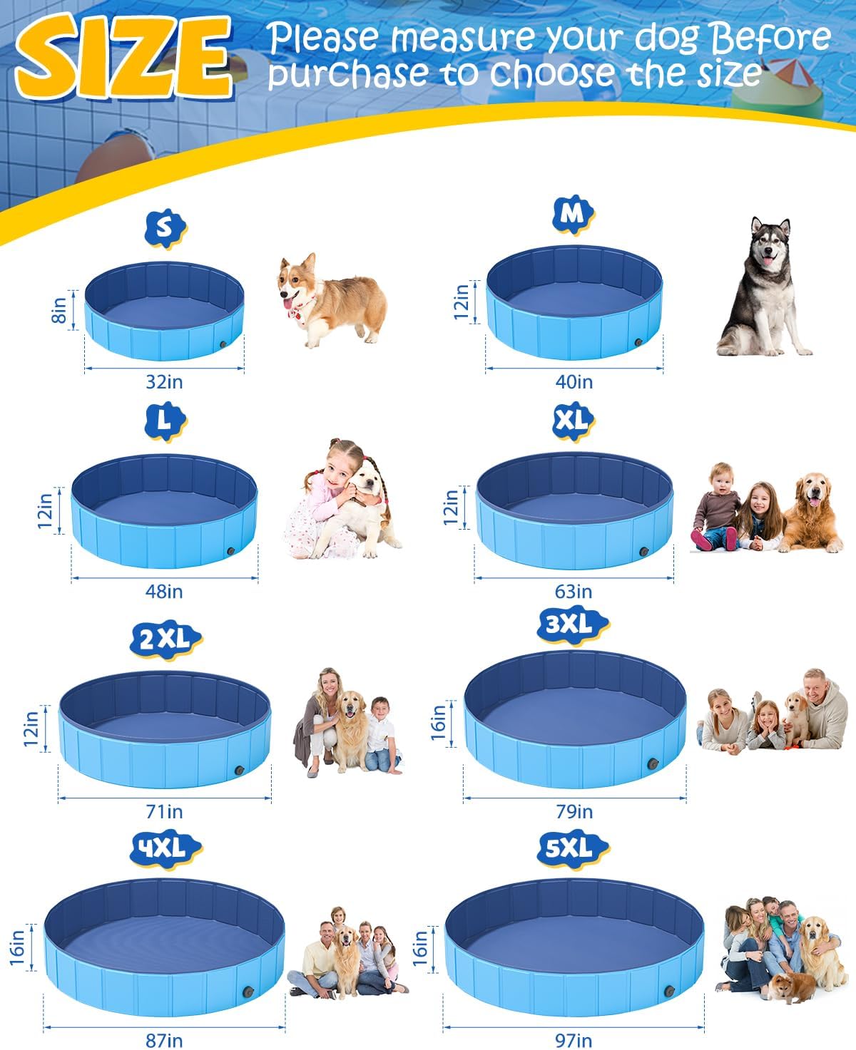 YSJILIDE Foldable Dog Pool, Portable PVC Dog Pet Swimming Pool, Collapsible Plastic Dog Bath for for Large Medium Small Dogs & Kids (S-32"x 8" Blue)