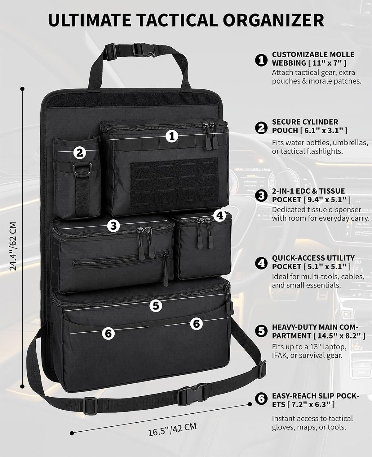 Tactical Car Seat Back Organizer, Heavy Duty Molle Truck Storage