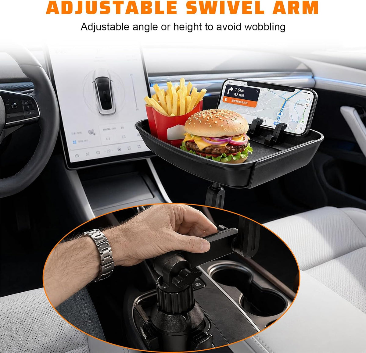 Larger Cup Holder Tray, 360° Rotating Expandable Car Food Tray Table with Phone Slot, Multifunctional Car Cup Holder Expander Road Trip Essentials for Eating & Storage