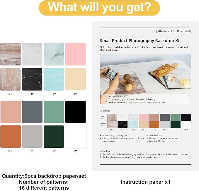 Meking 9PCS 16Patterns Product Photography Backdrops, Photo Background Flat Lay