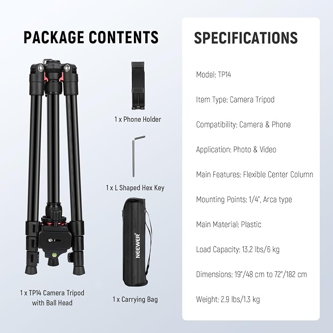 NEEWER Basics Travel Tripod for Camera, Ball Head, Arca Type QR Plate, Cell