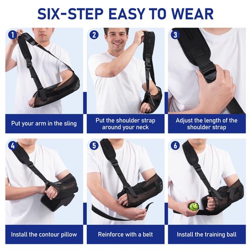 GAOUREL Comfortable arm sling Equipped with a padded sling, removable abduction pillow, training ball, and stabilization support plate to help you recover comfortably after a rotator cuff tear and arm pain.（Black-pillow)