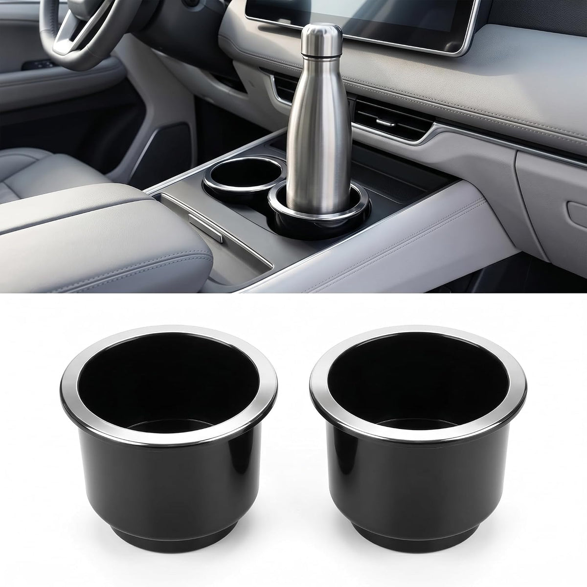2PCS Car Cup Holder Insert, Recessed Plastic Cups Drink Can Holders, Universal Chrome Drop in Cups Holders for Most Cars, Trucks, SUVs (Black)