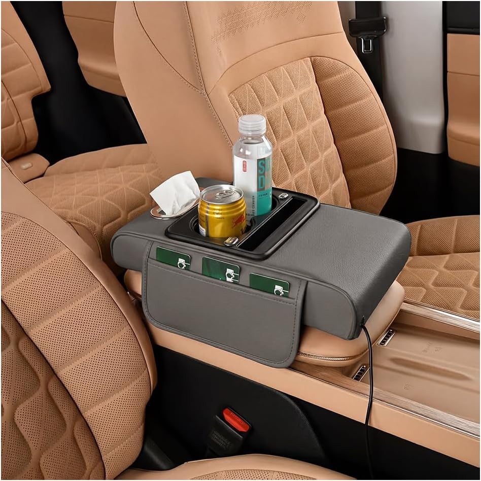 Car Center Console Armrest Pillow, 5-in-1 Memory Foam Armrest Cover with 2 Storage Bag, Tissue Box, Cup Phone Holder, Auto Middle Console Arm Rest Protector Organizer, Universal Fit (Black)