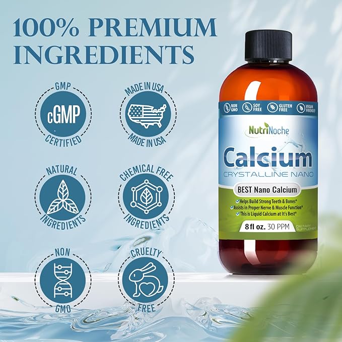 NutriNoche Liquid Calcium Supplement - 99.99% Ultra Pure Crystalline Nano Calcium for Women, Men & Children - Calcium Citrate Alternative - Absorbed at a Cellular Level Sublingually - 30 ppm