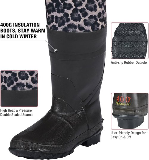 HISEA Women's Chest Waders - 4.5mm Neoprene Leopard Print - Insulated Waterproof Fishing Gear