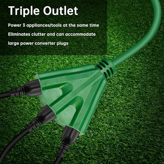 3-Outlets Indoor Outdoor Extension Cord Weatherproof, UL Certified, 16 Gauge 10FT Green 3 Prong Heavy Duty, 16/3 SJTW 13A Power Cord