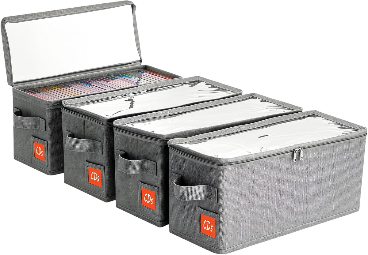 Stackable CD Holder & Storage Case - CD Storage Box Organizer with Lid & Handle - Dustproof CD Container with Clear PVC Top - 2Pack (Gray)