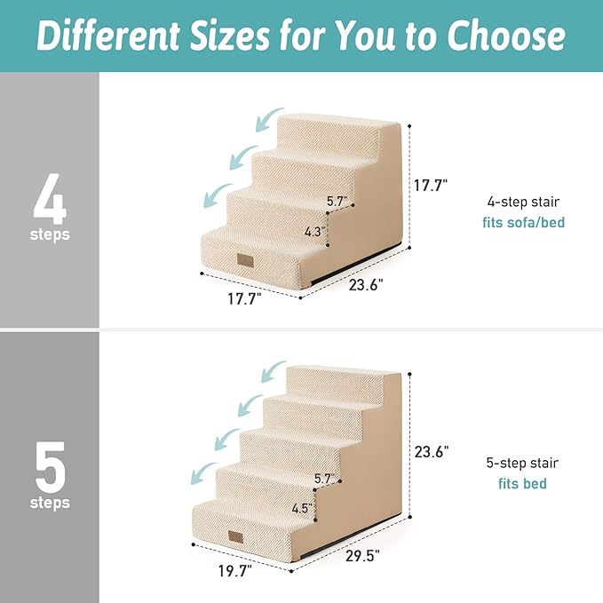 Dog Stairs for Small Dogs, 5 Tier Wider Pet Stairs for High Beds, 23.6" H Non-Slip Dog Steps for Old Cats, Puppies, Small Medium Dogs, 19.7x29.5x23.6 inch, Beige