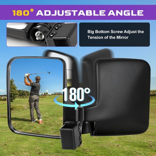 Golf Cart Side Mirrors, No Drilling Golf Cart Rear View Mirrors Universal for Club Car EZGO YAMAHA, Folding Golf Cart Mirrors with Multiple Size Clips, HD Shatterproof Glass Durable Anti-Shudder