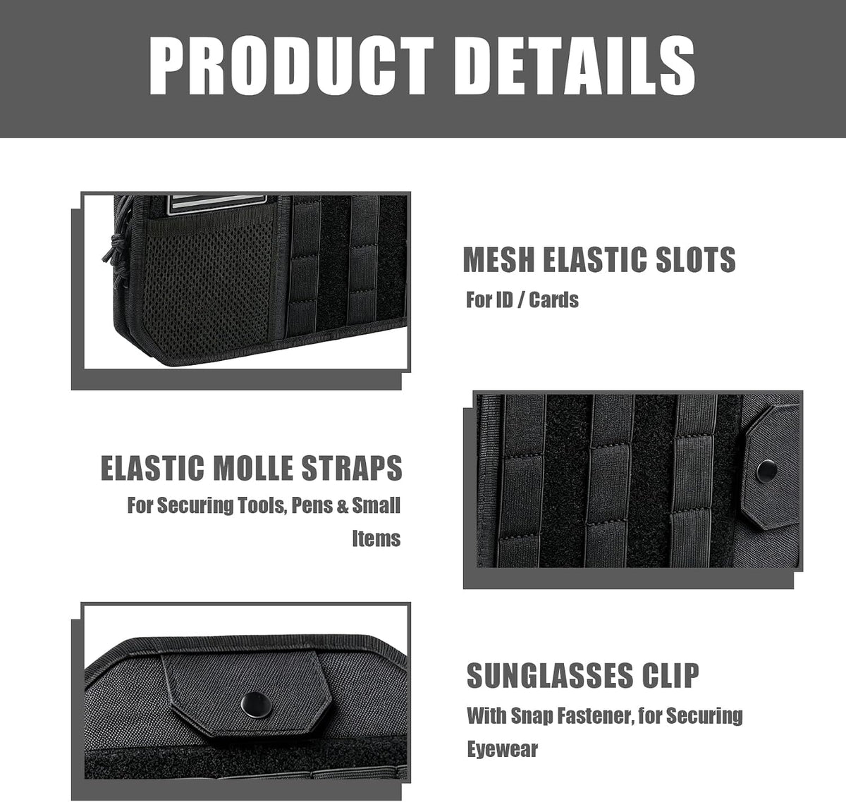 MOLLE Car Sun Visor Organizer, Multi-Pocket Storage Pouch with Zippered Compartment, Sunglasses Holder and Clear Window, Universal Visor Storage Bag for Cars, Trucks and SUVs (Black)