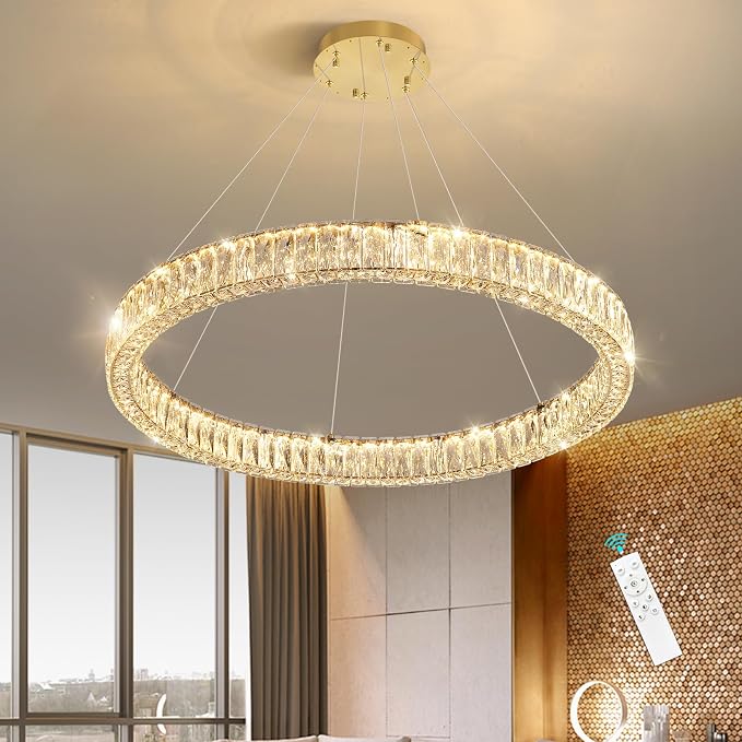 HAIXIANG Modern Crystal Chandelier Dimmable LED Ring Pendant Chandeliers Light