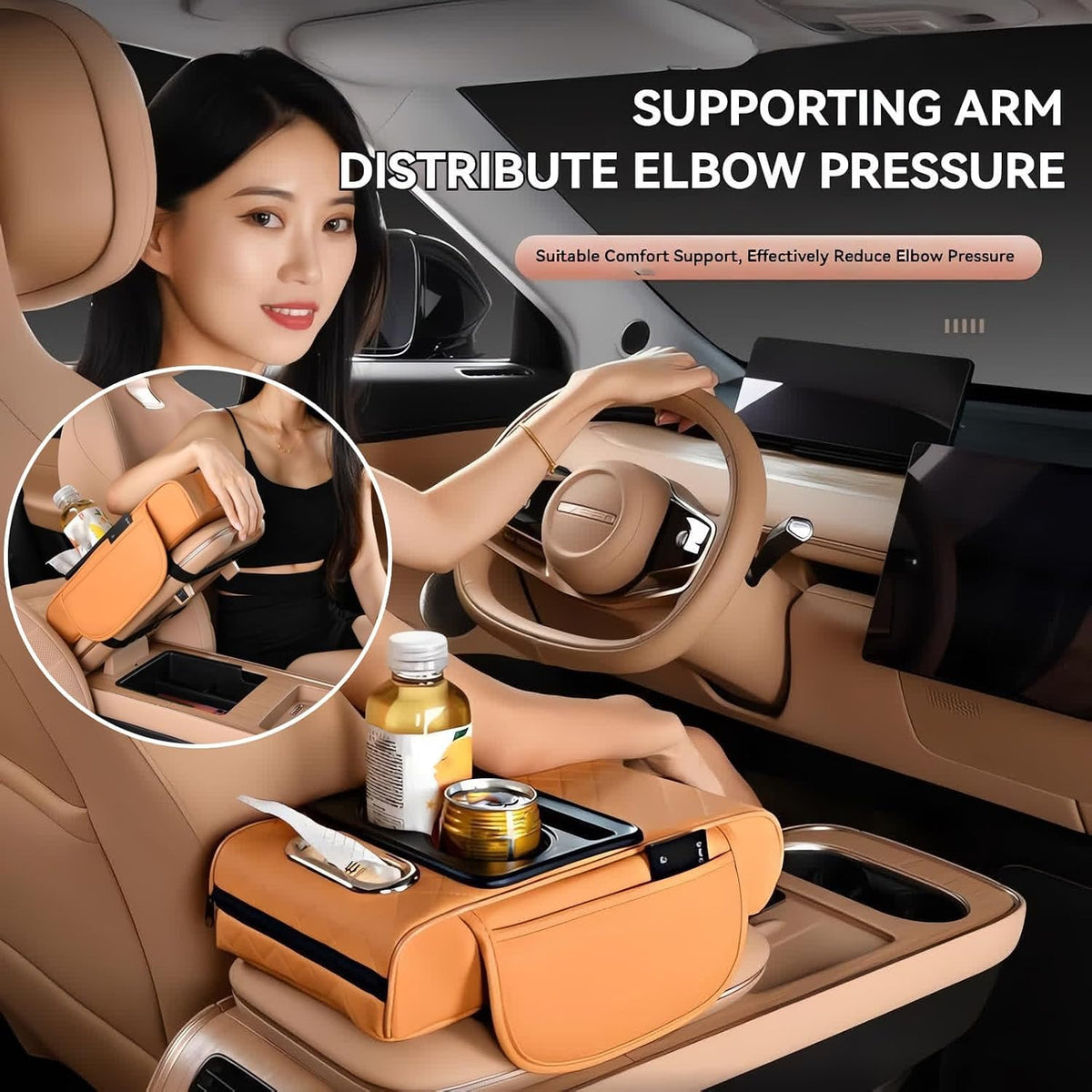 Multifunctional PU Leather Car Armrest Box Mat, 5-in-1 Multifunctional Car Armrest Cushion, Center Console Cover with 2 Cup Holder, For Storing Tissues,Phones,Wallets,Drinks,for Most Cars (Red)
