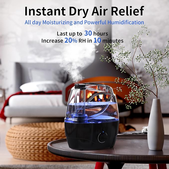Humidifiers for Bedroom and Large Room, 2.2L Cool Mist Humidifier for Baby, 30 Hours with Whisper-Quiet Operation, Adjustable 360° Rotation Nozzle, Night Light Function, BPA Free