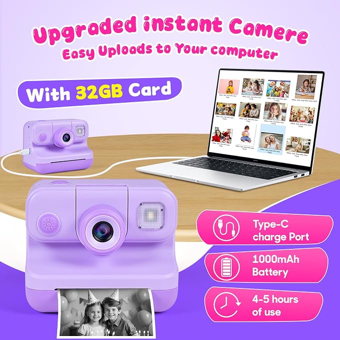 Kids Instant Print Camera with Carrying Bag, 1080P HD Digital Camera