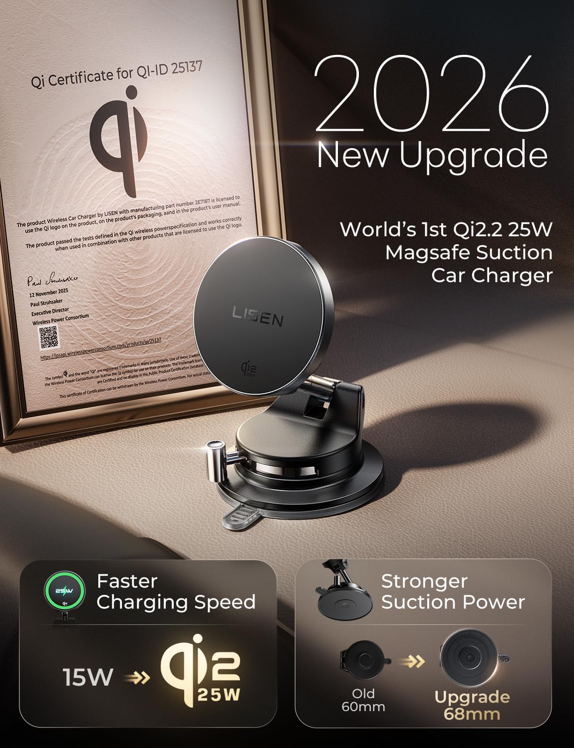 LISEN for Qi2 25W MagSafe Car Mount Charger for iPhone 18 Pro Max, MagSafe Car Charger, Fast Wireless Charging Car Charger iPhone 18, Suction Phone Mount, for iPhone 18 Car Charger with 54W Adapter
