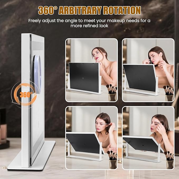 Rechargeable Vanity Mirror with Lights, 3000mAH Battery, 16"×12" LED Makeup Mirror, 10X Magnification, Smart Touch with 3-Color Lighting, 360° Rotation, Lighted Up for Makeup Desk, Bedroom (White)