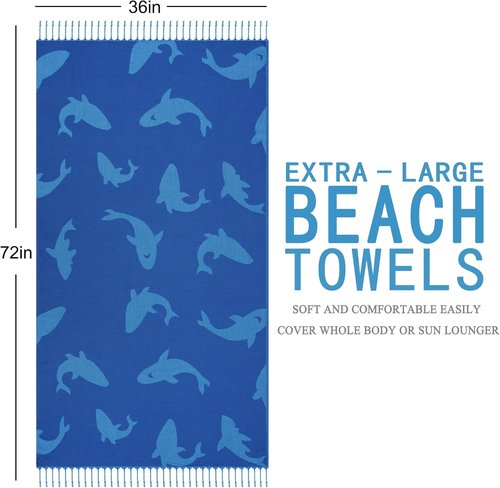 Genovega Oversized Cotton Beach Towel - Lightweight, Quick-Dry, Sandless | 72"x36" Blue Whale Design