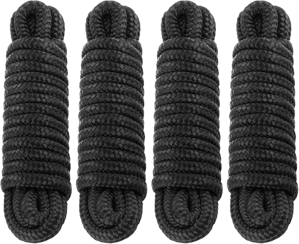 Premium Marine-Grade Dock Lines - Heavy-Duty 3/8" x 15' Double Braided Nylon Ropes | 4 Pack with 12" Security Loops