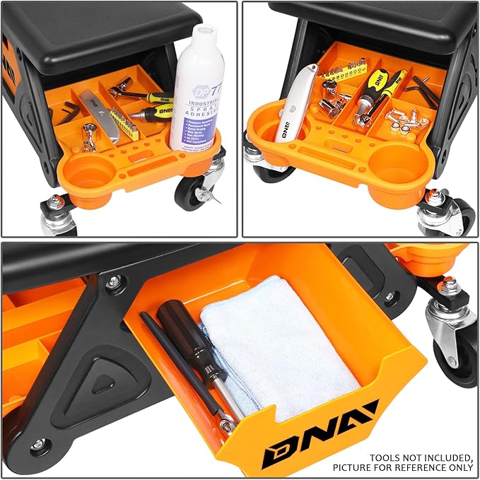 DNA Motoring TOOLS-00189 Mechanic Stool - 25-1/2" x 13" x 12" (L x H x W), Rolling Work Seat w/Lockable Swivel Wheels and Storage Tool Tray