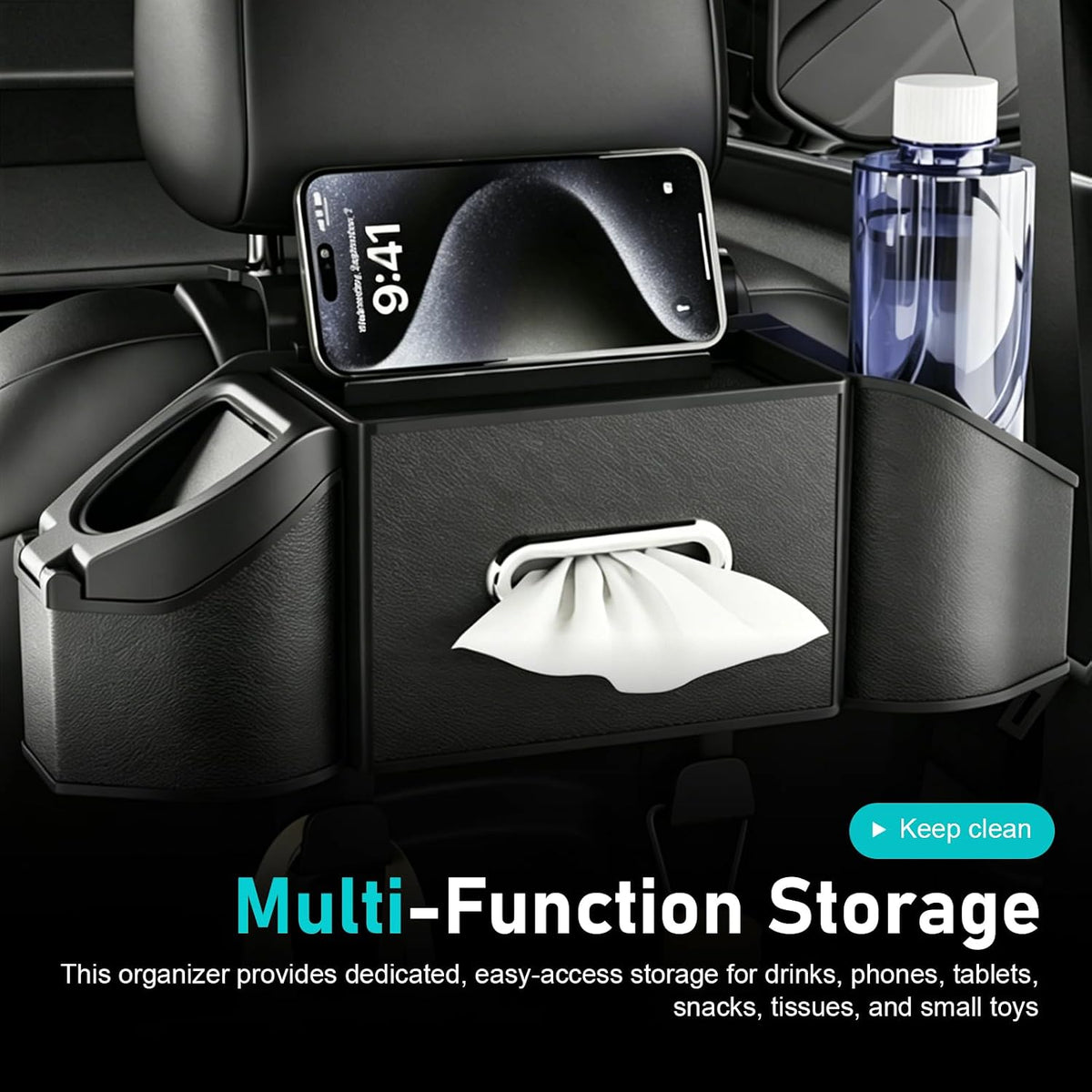 7-In-1 Car Organizer, Multifunctional Car Seat Back Organizer Box with Cup Holders, Tissue Box, Trash Can & Hooks, for Hold Phone, Snacks, Drinks, Handbag (Black)