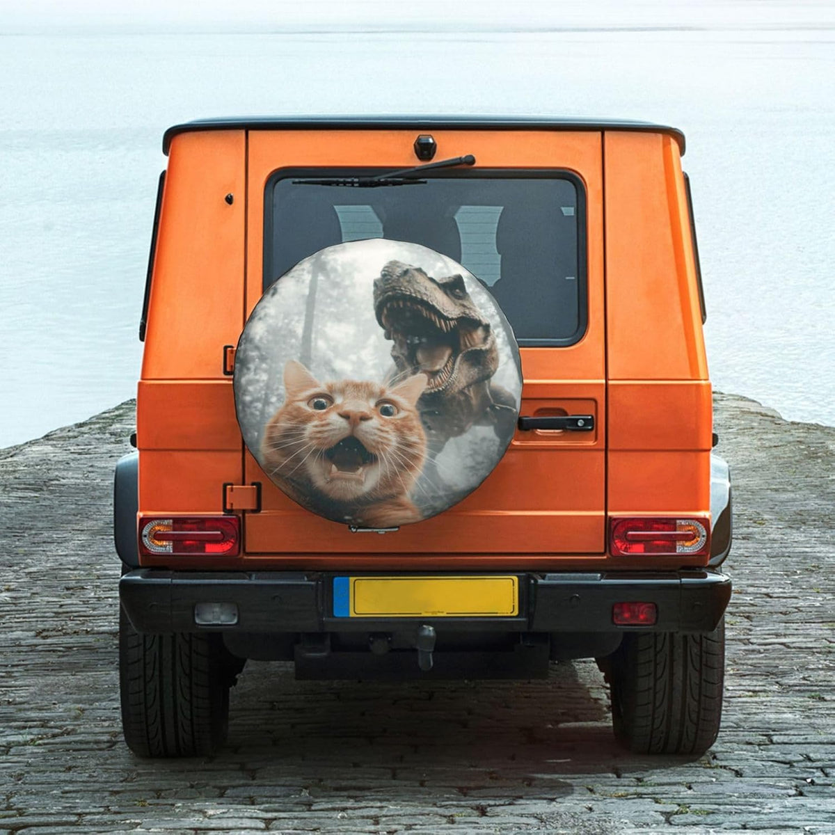 Cat Selfie with Dinosaur Spare Tire Cover Waterproof Wheel Cover 15 Inch Universal Fit for Jeep Trailer Rv SUV Truck Uv Protection Dustproof Tire Cover Outdoor Travel Camping Gift