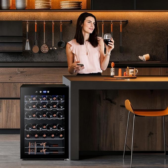 Electactic 37-Bottle Freestanding Wine Cooler Refrigerator, 4.5 Cu. Ft | Removable wave-shaped wire shelves, fan cooling, and sub-38 dB operation help organize bottles with minimal noise.
