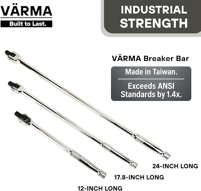 1/2-Inch Drive Breaker Bar, 24-Inch – Heavy Duty CR-MO Head & 23mm Thick Shaft – Dual-Knurled Non-Slip Grip, Constant Tension Flex Head, Premium Mirror Chrome Finish