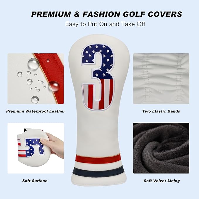 Golf Head Covers, 4pcs or 1pc USA Stars and Stripes Golf Club Covers for Woods and Driver Fairway Hybrid, PU Leather Golf Club Head Covers for Men Women with Interchangeable Tags, Fits Most Golf Clubs