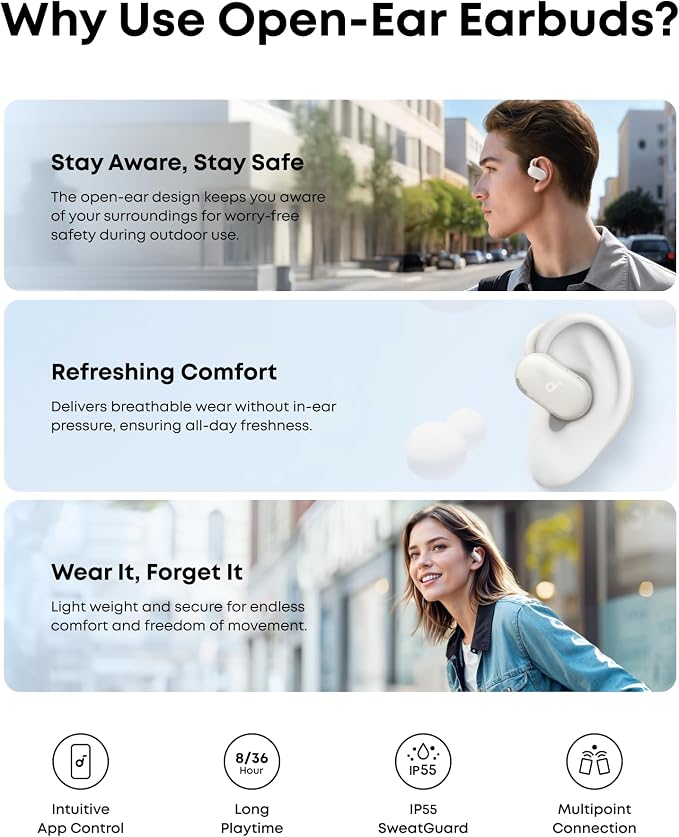 Soundcore V20i by Anker Open Ear Earbuds, Open Ear Headphones True Wireless | Adjustable Hooks, Ultra-Comfort, Snug Fit, Power Sound, Clear Calls, IP55, 36H Playtime, Bluetooth 5.4, Multipoint Connection