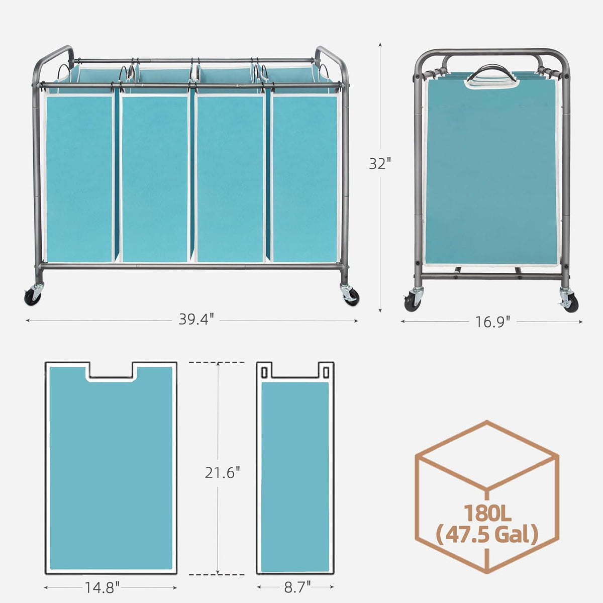 Storage Maniac Laundry Sorter - 4-Section Hamper with Wheels & Removable Bags - 47.8 Gal, Blue
