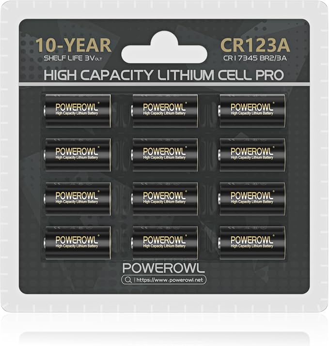 POWEROWL CR123A 3V Lithium Battery 12 Count, High Capacity 123A 123 C123