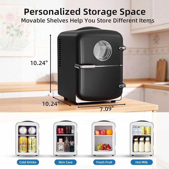 Antarctic Star Compact Mini Fridge, 4L Capacity/6 Cans Portable Cooler and Warmer Compact Refrigerator, for Bedroom,Car,Office and Dorm, Small Cooler and Warmer for Cosmetics, Beverage and Food, Black
