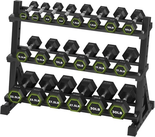 HANDBODE Hex Dumbbell Set - 300-840 lb Rubber Coated Weights with Heavy Duty Rack | Home Gym Strength Training