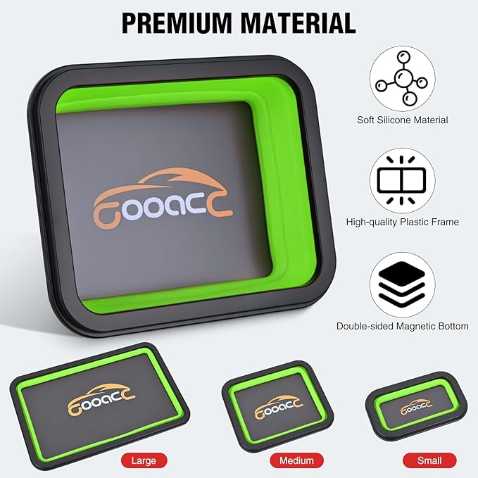GOOACC 3 Sizes Collapsible Magnetic Parts Tray Set Green Silicone Foldable Tool Trays Organizer for Screws Bolts Nuts Pins Washers and Other Small Metal Parts Double Sided Magnet Base