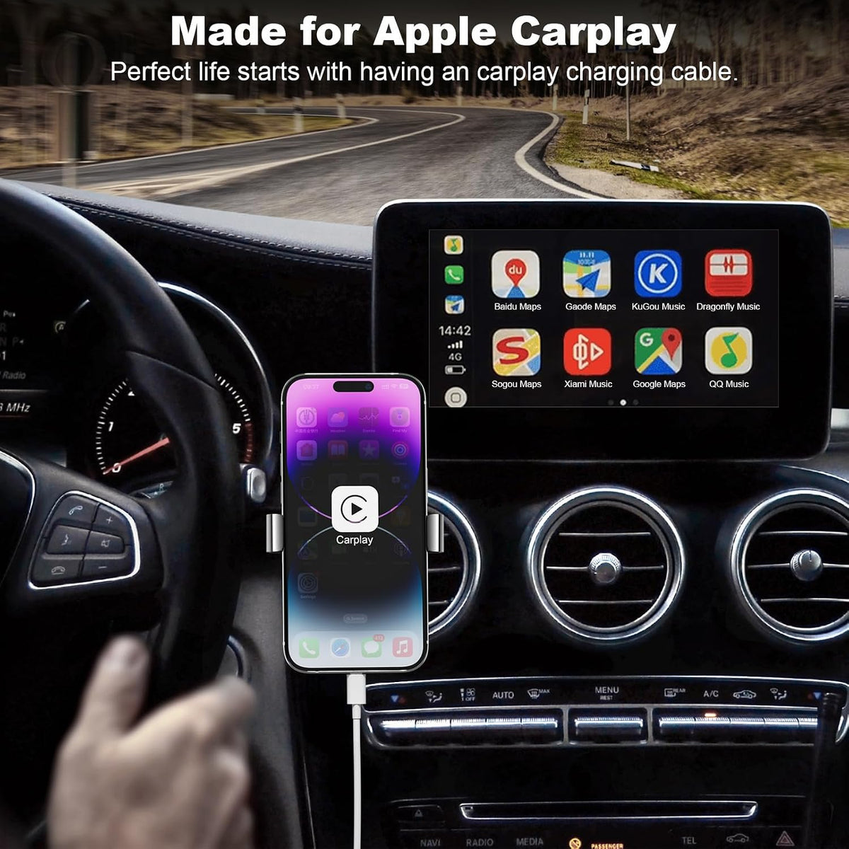 Cveael Car Carplay Cable, 6FT Car Charger Cord, USB A to Lightning Cable Compatible for iPhone 14 13 12 11 Pro Max XR XS X 8 7 6 Plus SE iPad Charging Cord (White)