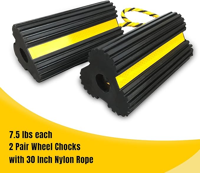 HOXWELL 2 Pair Rubber Heavy Duty Dual Wheel Chocks Front and Back, RV Leveling Blocks Non Slip Base with Nylon Rope Yellow Reflective Tape for Travel Trailers, Car, Camper, Truck (4 Pack)