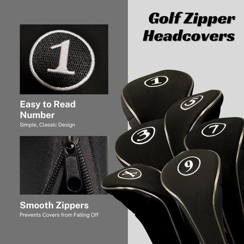 Black Golf Zipper Head Covers Driver 1 3 5 7 9 X Fairway Woods Headcovers Metal Neoprene Traditional Plain Protective Covers Fits All Fairway Clubs