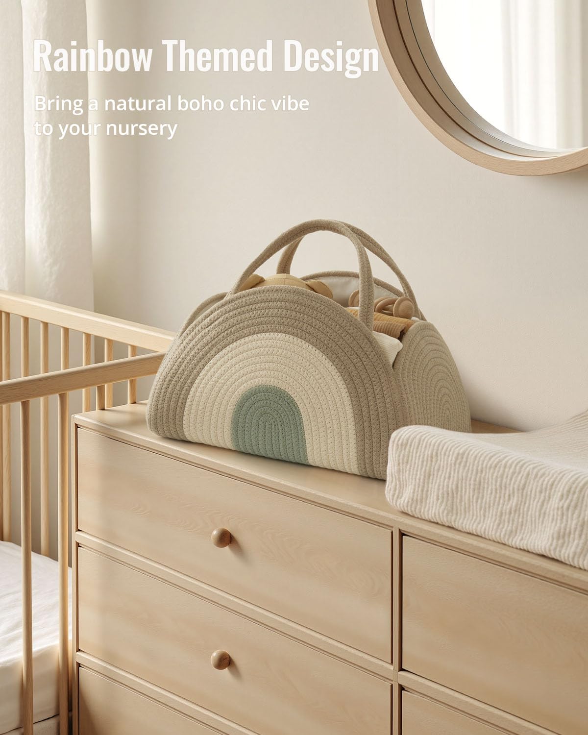 Blissful Diary Baby Diaper Caddy Organizer, Cotton Rope Diaper Caddy Basket, Large Storage Basket for Newborn Boys and Girls, Gift for Baby Shower List, Newborn Essentials, Natural Rainbow