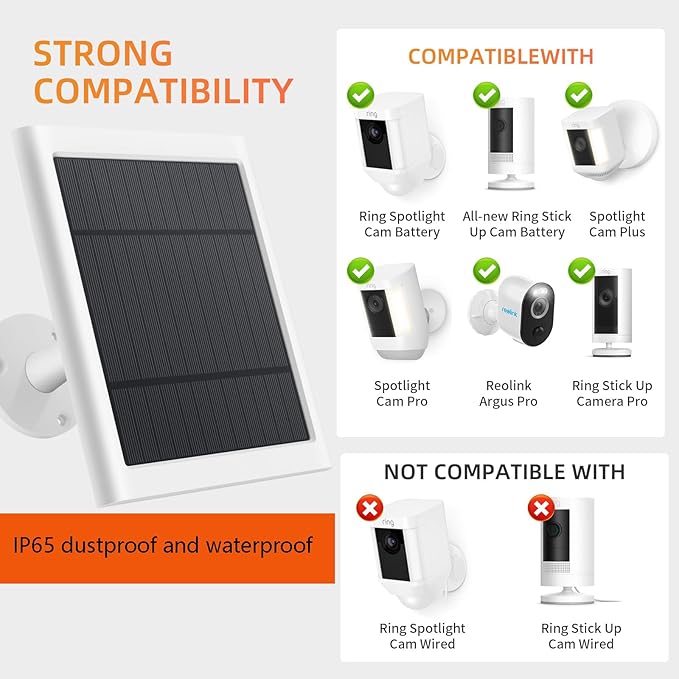 5 Pack IP65 Solar Panel for Rings Camera, 4W Solar Charger Compatible