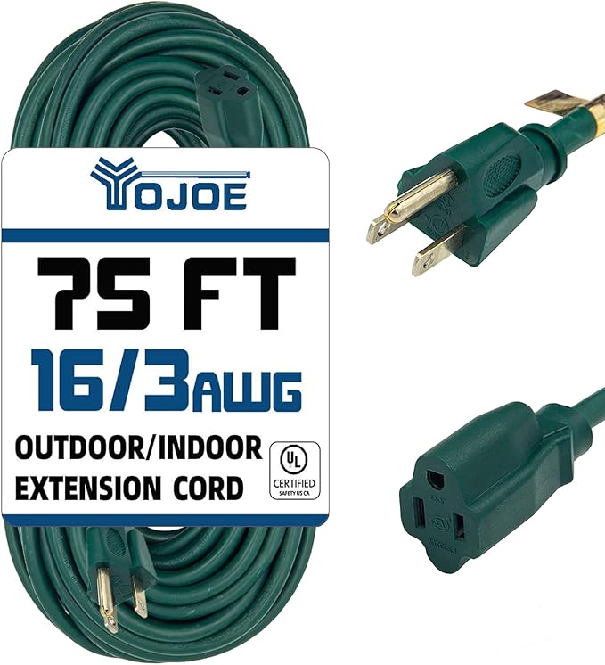 YOJOE Indoor Outdoor Extension Cord, 3 Prong 10A Weatherproof Power Cord, 16 Gauge Heavy Duty 75 ft Green Extension Cord for Garage, Garden and Home, 16/3 SJTW UL Listed