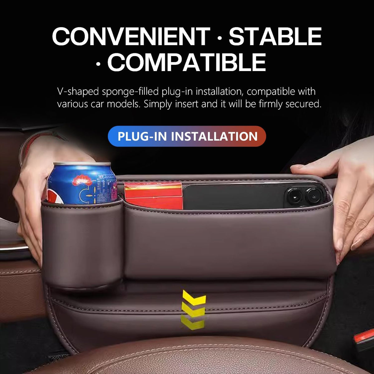 Car Leather Cup Holder Gap Bag, Car Seat Gap Filler Organizer with Water Cup Holder and Phone Charging Hole (White, A Pair)