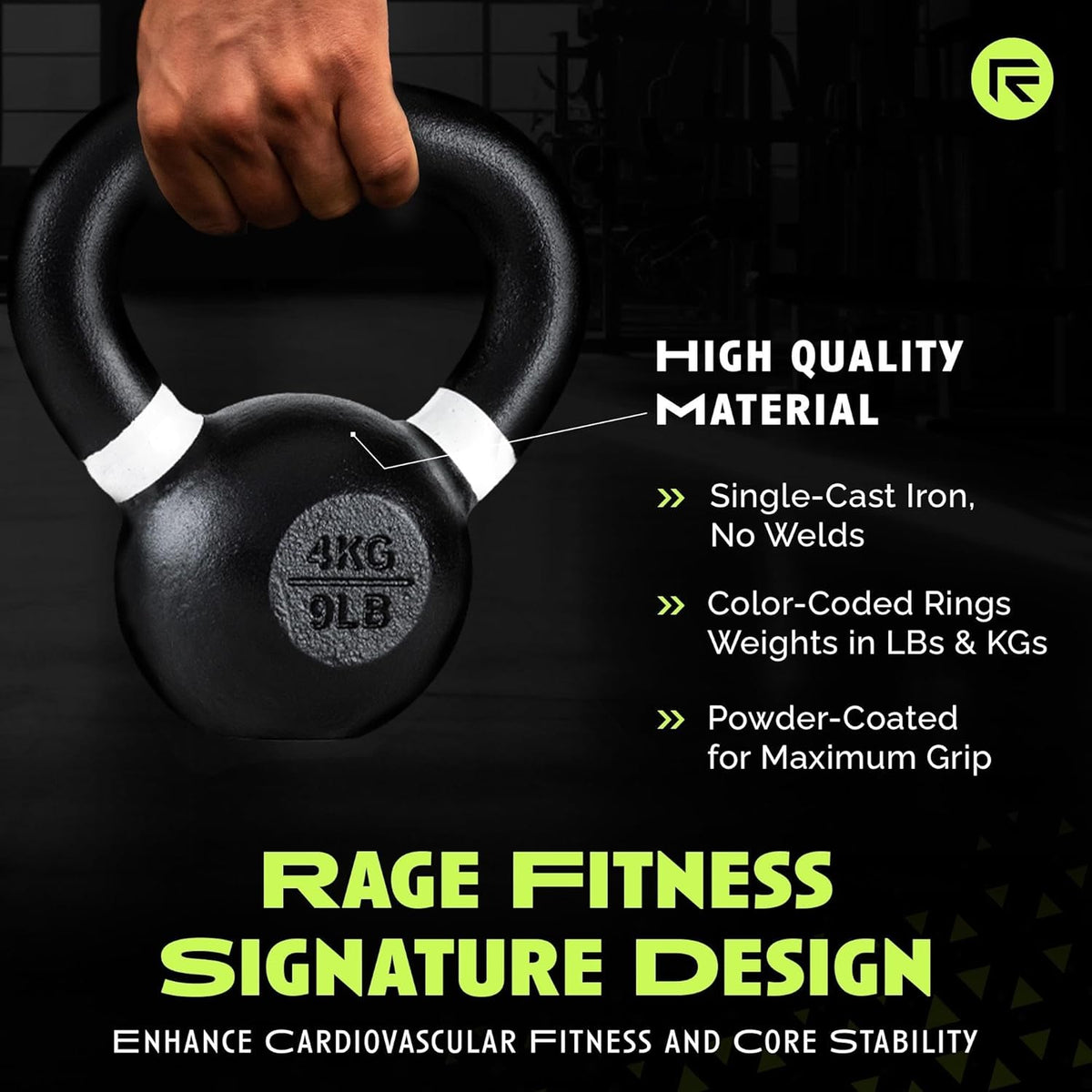 Rage Fitness Cast Iron Kettlebell - Powder Coated with Wide Handle for Strength & Endurance Workouts